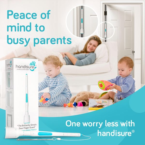 Handisure Award Winning 2 Automatic Child Door Finger Guards, Door Locks & Window Guards, Door Hinge Guard & Lock Side Safety, Baby Door Stopper, Easy to Install (White Teal, 2 Count (Pack of 2))