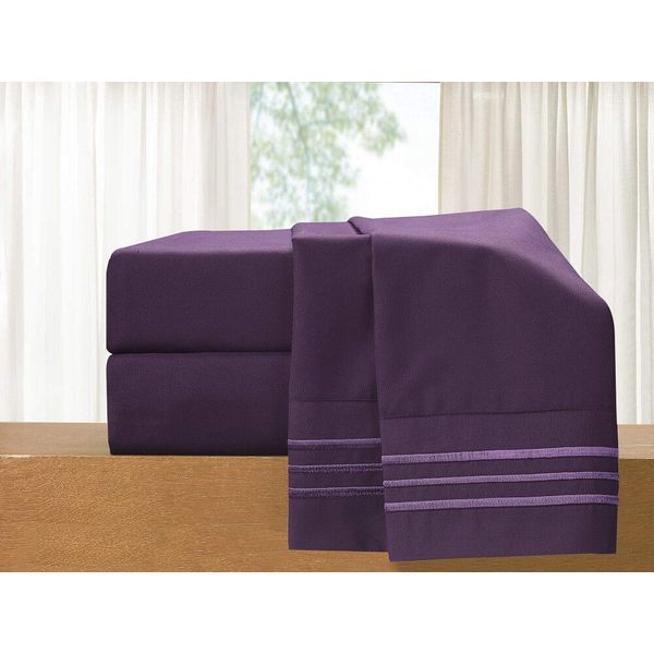 Luxury 4-Piece Bed Sheet Set - Luxury Bedding 1500 Thread Count Egyptian Quality - Wrinkle and Fade Resistant Cool & Breathable, Easy Elastic Fitted, Queen, Plum-Purple