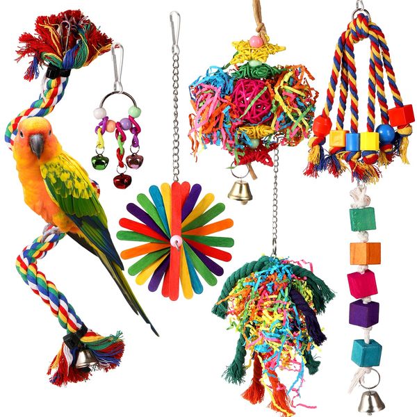 Lyellfe 7 Pieces Bird Chewing Toys, Bird Toys for Parakeets, Colorful Wood Parrot Foraging Shredder Toy Swing Hanging for Cockatiels, Budgerigar, Conures, Finches