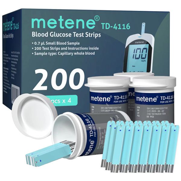 Metene TD-4116 Blood Glucose Test Strips, 200 Count Test Strips for Diabetes, Use with metene TD-4116 Blood Glucose Monitor Only