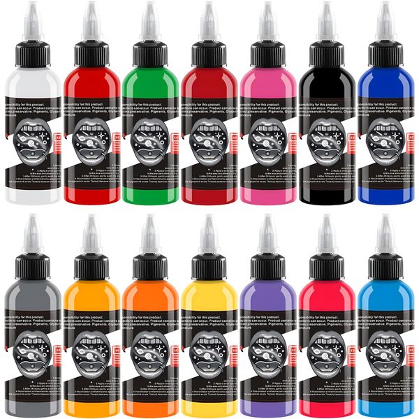 DLD 14 Pieces Professional Tattoo Ink Set (1 oz 30ml/Flasche) Voller Farbe reine Pigment Tinte permanente Tätowierung Lieferungen für Mikro-Skulptur Make-up und Körper Malerei Kunst.