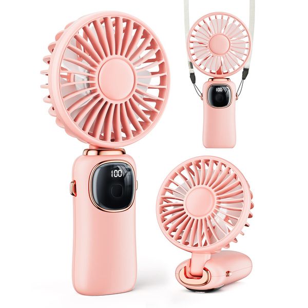 coldSky Portable Handheld Fan, 4000mAh Battery Operated Fan with LED Display, Handheld/Neck/Desk 3 in 1 Personal Small Fan, 90° Foldable Desk Fan with Base, 5 Speed Lash Fan Makeup Fan for Women