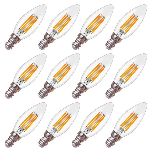 LED Chandelier Bulbs, Filament, Base Diameter 14mm, 4W (40W Equivalent), 370lm, E14, 2700K, Bulb Color, Filament, High Color Rendering, 360° Wide, Candlelight, Non-Dimmable, Compatible with Enclosed Fixtures (12 Pack)