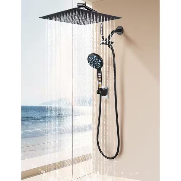 Heemli Shower Head 12" 2-in-1 9-Spray Patterns Wall Mount Dual Square Black