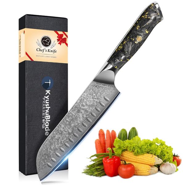 Kyushublade Santoku Knife, Professional Damascus Knife, Chef's Knife, Blade Length: 7.0 inches (178 mm). Kitchen Utility Knife, Gyutenka. 67 Layers of High Carbon Stainless Steel, Ergonomic G-10