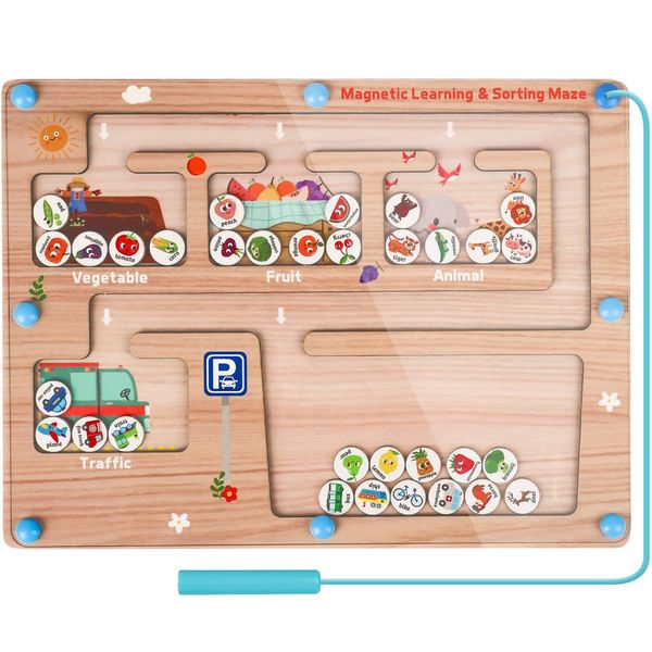 Magnetic Learning and Sorting Maze Montessori Toddler Toys for Boys and Girls 3 4 5 Years Old Educational Wooden Puzzle Board for Preschool Fine Motor Skills