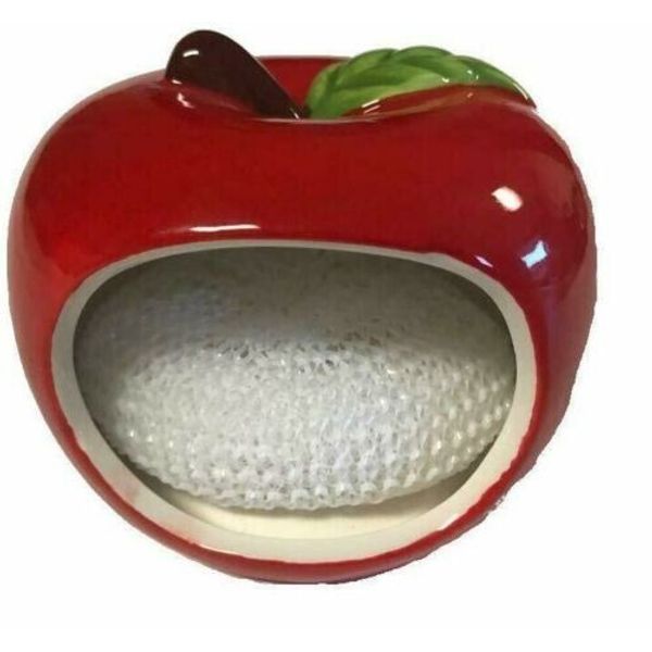 APPLE Scrubby Ceramic Holder w/ Scrubbie Sponge Kitchen Sink Scouring Pad Caddy