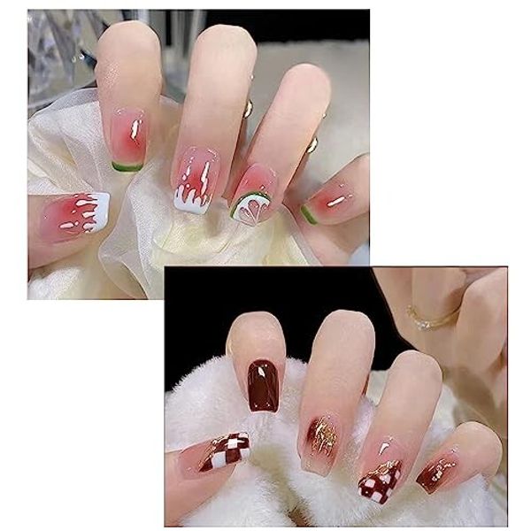 AiMMei Nail Tips, Medium, Short, False Nails, Medium Long, Cute, Stylish, Convenient, 48 Pieces, Nail Stickers, Nail Art, Coming of Age Ceremony, Bridal Nails, Easy to Apply, Double-Sided Tape Included, Easy to Apply