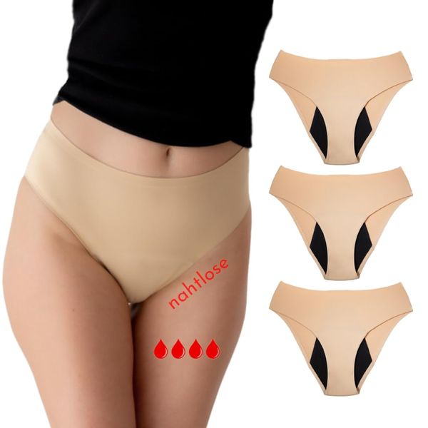 Relixa Periodenunterschwäsche starke Blutung Seamless Slips Damen und Mädchen Set 3er-Pack 50 ML Menstruationunterwäsche Perioden Unterwäsche XS-4XL, 3 beige, 4XL