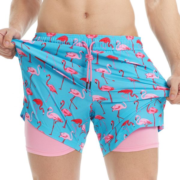 MaaMgic Herren Badehose mit Kompression Badeshorts 2 in 1 | 5.5" Schnelltrocknend lässige Swim Shorts Kurz Boardshorts mit Innenhose Reißverschlusstasche XS - XXL,Hellblau Rosa Flamingo 5.5,L