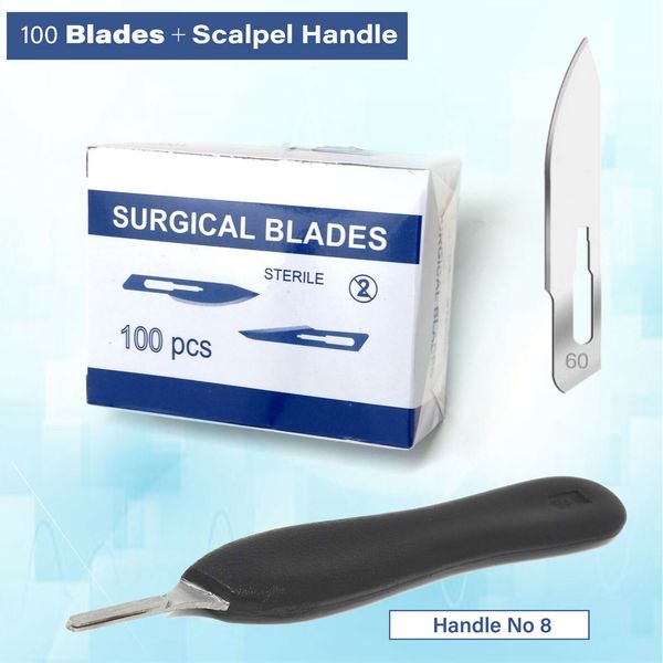 100 Sterile Scalpel Blades #60 + Plastic Handle #8 - Post Mortem Surgical Dental