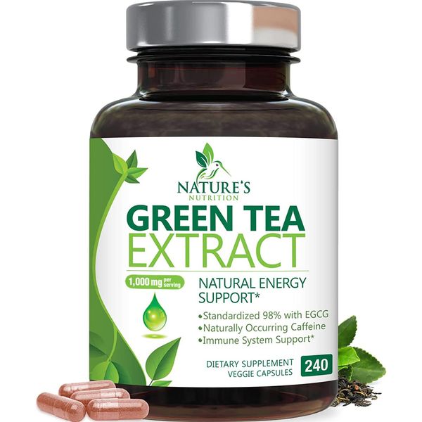 Green Tea Extract Capsules 98% Standardized EGCG 1000mg - 3X Strength for Natural Energy - Heart Support with Polyphenols - Gentle Caffeine - 240 Capsules