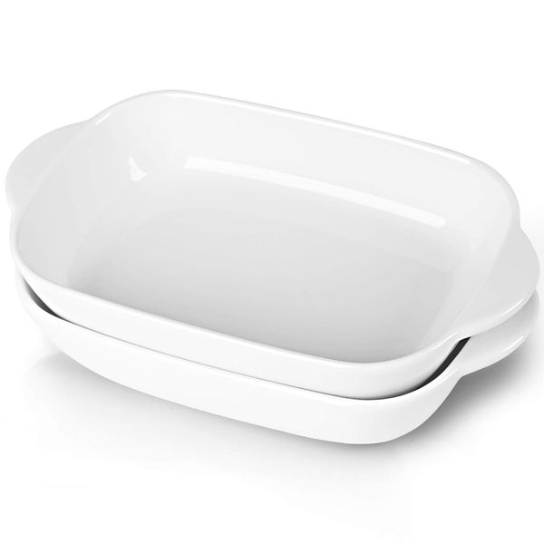 LEETOYI Ceramic Small Baking Dish, Porcelain 2-Piece Rectangular Bakeware with Double Handle, Baking Pans for Cooking and Cake Dinner 7.5"×5 (White)