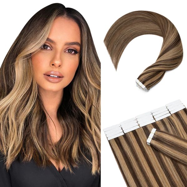 SEGOHAIR Tape in Hair Extensions Human Hair 20pcs,100% Real Remy Hair Extensions 14" Natural Invisible Straight with 10pcs of Hair Extension Tapes-Dark Chocolate Brown with Strawberry Honev Blonde