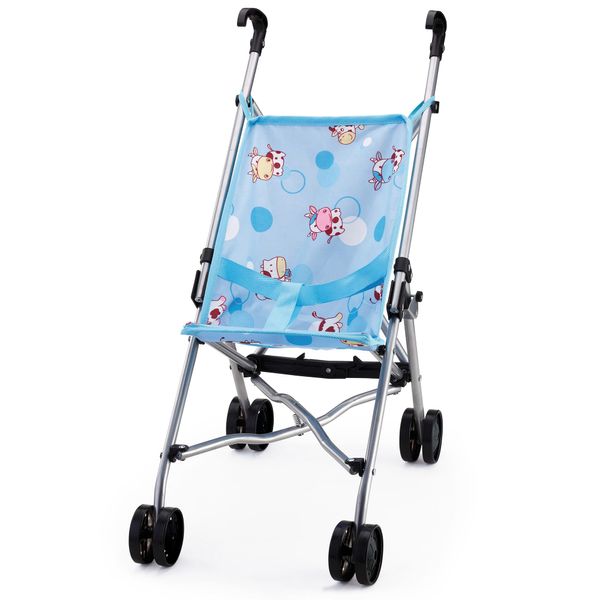 Bayer Design Dolls: Buggy Umbrella Stroller - Blue & Cows, Accessory for Dolls Up to 18", Foldable, Playful Design, Seat Belt, Kids Toy, Ages 3+