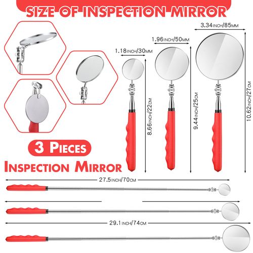 Copkim 3 Pieces Telescoping Inspection Mirror Stainless Steel Extendable Mechanic Mirror with Long Handle Tool for Technicians Mechanics Contractors Eyelashes Mouth and Other Small Parts(Red)