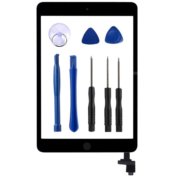 KAKUSIGA For iPad mini 1/2 Replacement Repair Touch Screen Digitizer Screen Replacement Parts A1432 A1454 A1455 A1489 A1490 A1491 with IC Chip + Home Button + Camera Holder + Repair Tool (Black)