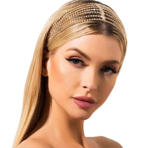 Aularso Layerd Head Chain Rhinestone Hair Jewelry Gold Elastic Headpiece Wedding Crystal Prom Party Halloween Headband for Women and Girls (Gold)