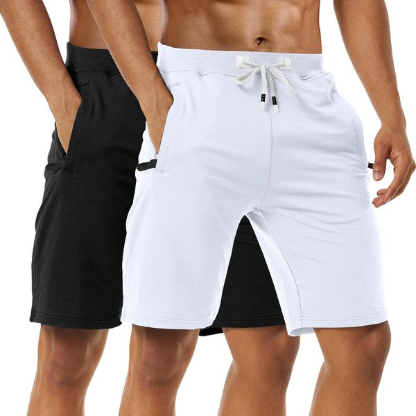 Boyzn Herren 2er Pack Sport Shorts, Sommer Fitness Shorts Schnelltrocknende Laufshorts, Atmungsaktiv Baumwolle Kurze Hose Trainingsshorts Mit Reißverschlusstaschen Black/White-3XL