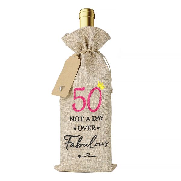 50th Cotton Linen Wine Gift Bag Drawstring Bottle Bag for Wine with Tag and Rope 50 Years Old Birthday Gift Wine Bottle Cover Gift Bags for Women Wife Friends