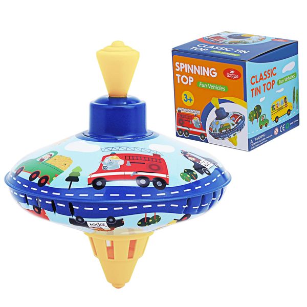 Beeqoo Retro Spinning Top Tin Toy for Kids – Fun Vehicle Classic Toys - Toddler Traditional Spin Tops - Metal Fidget Spinner for Kindergarten – Sensory Gyroscope - Novelty Gifts Party Favors