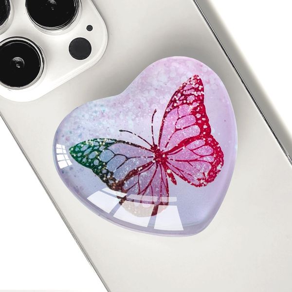 Ksadiye Expandiing Moblile Phone Grip Heart Glass Holder for Smartphones, Cell Phone Collapsible Stand（ Purple Butterfly