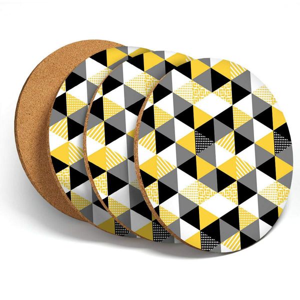 Destination Vinyl 4 Set - Yellow Black White Geometric Coasters - Kitchen Drinks #3296
