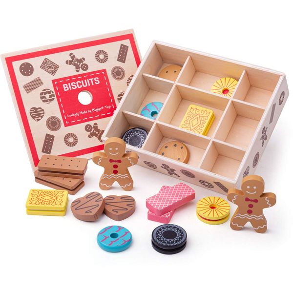 Bigjigs Toys Wooden Box of Biscuits Play Food - 9 Assorted Wooden Play Food Biscuits, Quality Toy Food for Toddlers & Children, Perfect Kids Wooden Kitchen Accessories for Tea Parties