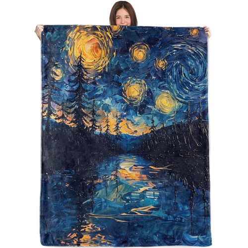 WKEDIN Starry Night Forest Blanket,50x60in,Cozy Flannel Throw with Swirling Sky Pine Tree Reflective River Design,Soft Lightweight Gifts Blankets for Women,Sofa Bed Travel Camping Decor