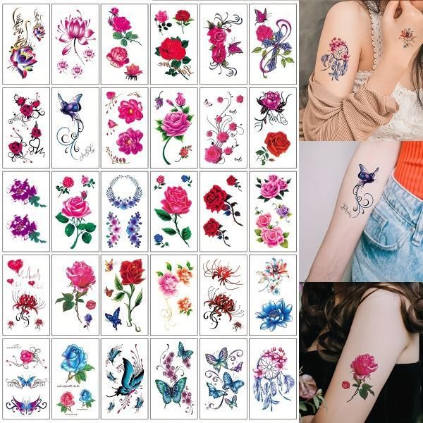 3D Flower Butterfly Temporary Tattoo Sticker, Women Girl Hand Chest Arm Party Decoration, Waterproof, Lot per Piece