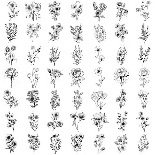 50 Sheets Tiny Branch Black Flower Temporary Tattoos For Women Girl Floral Bouquet Small Tattoo Temporary Wild Plant Lavender Sweet Pea Larkspur Fake Tatoo Adults Face Hands Kids Sticker