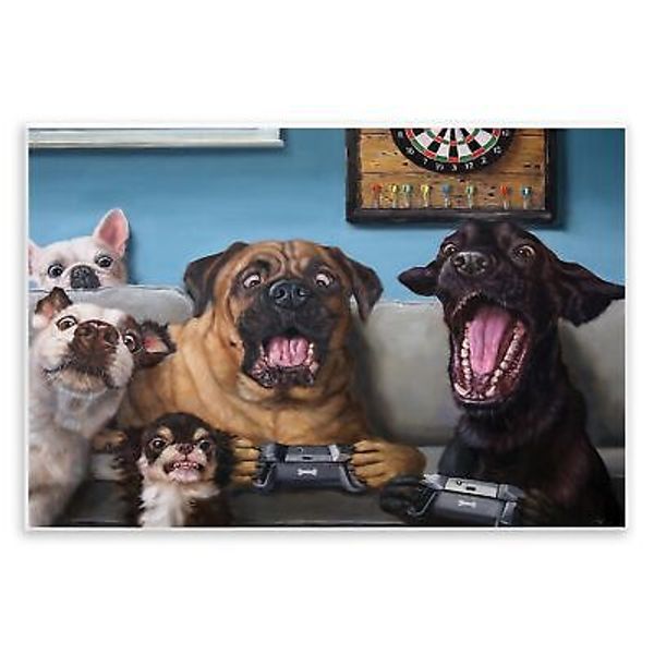 Funny Dogs Playing Video Games Livingroom Pet Portrait, Designed by Lucia Hef...