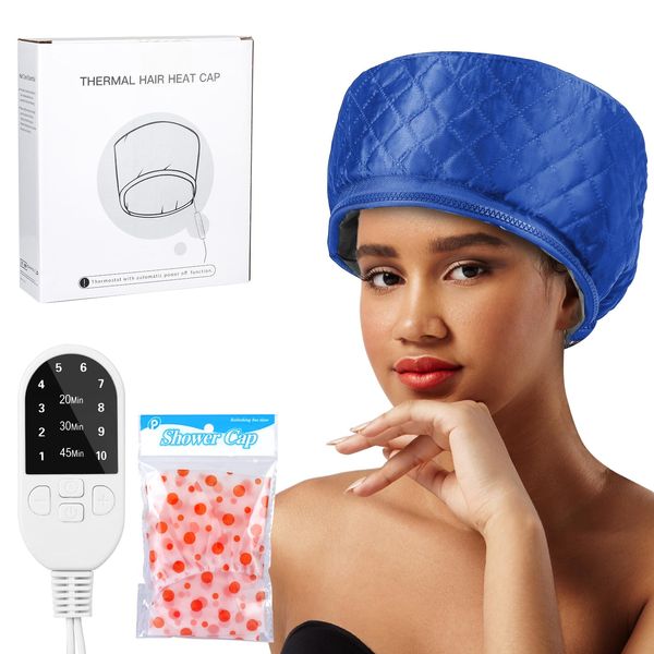 Hair Steamer for Deep Conditioning, Heat Cap for Natural Hair Home use Thermal Steamer 10 Level Heats Up Quickly with Timer Settings Electric Heat Hair Spa Hat (Blue)