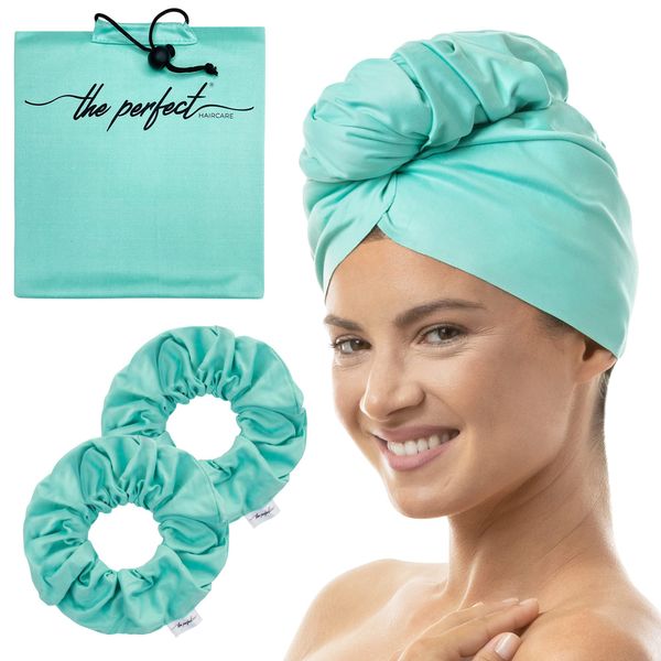 THE PERFECT HAIRCARE Microfiber Hair Towel Wrap + 2 Smooth Large Hair Drying Tie for Wet Hair - Anti-Frizz, Gentle, Absorbent Hair Scrunchies or Face Washing Wristband