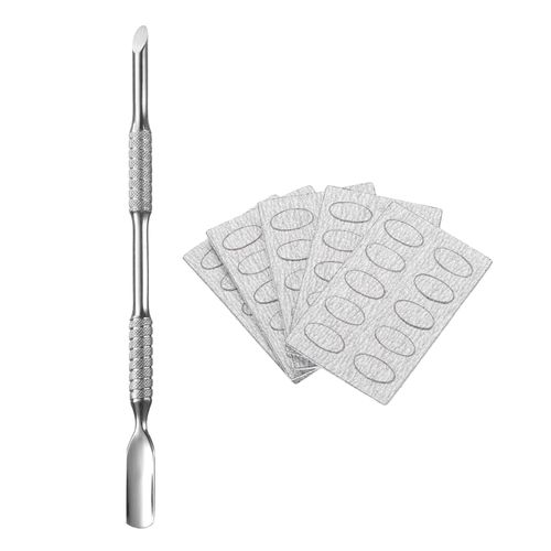 sourcing map Cuticle Pusher Dual Sided, Metal Nail Cuticle Pusher Remover Tool with 50 Pcs 240 Grit Sandpaper Sheets for Manicure Pedicure Nail Art