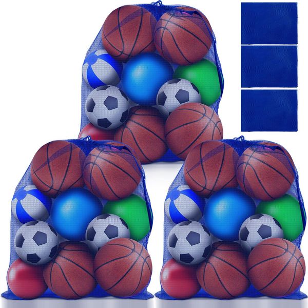 3 Pcs Extra Large Mesh Bag Soccer Ball Bag with Adjustable Shoulder Strap Drawstring Sports Ball Bag Storage Ball Net Bag Sports Equipment Bag for Beach Gym Basketball, 35.4 x 27.5 Inch (Royal Blue)