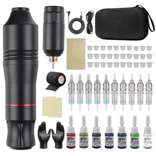 Kabellose Tattoo Machine Pen Set, Rotary Tattoo Pen Professional Kit mit 1400mAh Battery Power Supply, 10 Tattoo Cartridge Nadeln, 7 Tattoo Ink, Praxis Haut, Tattoo Set für Anfänger und Künstler