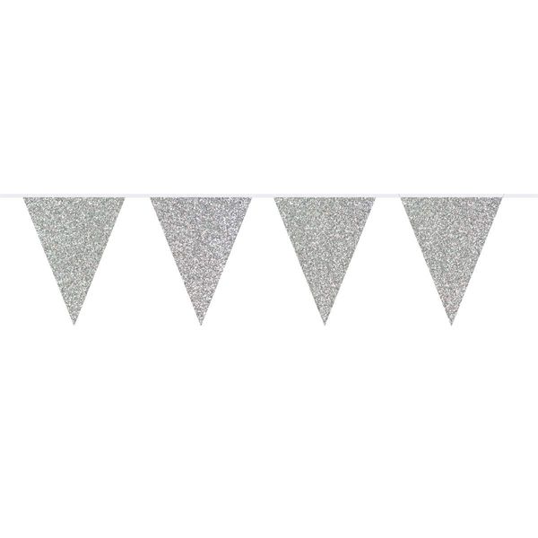 Folat 60221 Glitter Bunting Garland-6 m, Silver Colored