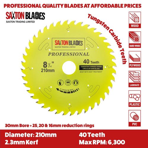 TCT21040TPRO Saxton Professional Range TCT Circular Saw Blade 210mm x 40T x 30mm Bore, 16, 20, 25mm, 25.4mm Reduction Rings Compatible with Evolution Festool Bosch Makita Dewalt