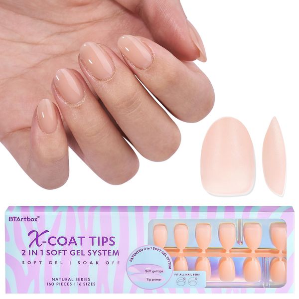 Extra Short Almond Nail Tips - BTArtbox Natural XCOATTIPS Press On Nails Almond Pre-applied Tip Primer Cover, Pre-colored Full Cover Fake Nails Glue On Nails for Nail Extensions Christmas Gift