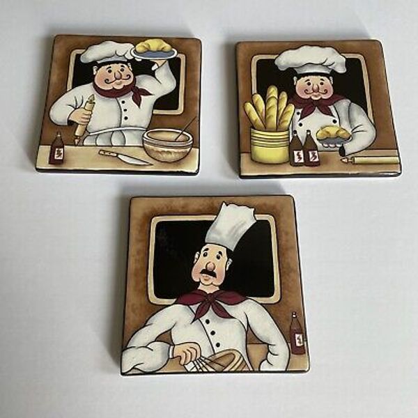 Home Interiors Chefs Décor Tiles 6x6 Wall Hanging or Ceramic Trivets Set of 3