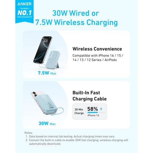 Anker Zolo Magnetic Power Bank, 10,000mAh Wireless Portable Charger with 30W Max Fast Charging, Battery Pack with Built-in USB-C Cable and Adjustable Stand, for iPhone16/15 Series, AirPods, and More