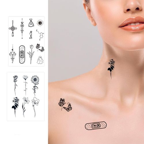 PLABBDPL 6 Fogli Tatuaggi Temporanei Donna, Set di Tatuaggi Temporanei, Tatuaggi Finti Nero, Piccolo Collo Bohemien Viso Adesivi Tatuaggi Finti, Vari Disegni Sempici, per Uomini e Donne