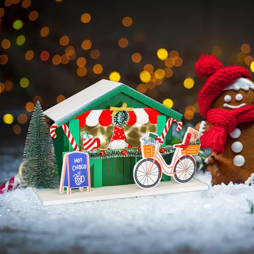 Zqoyn Christmas Decor Village Sets, LED Lighted Café, Village Home Xmas Scene Snow House, Suitable for Children Adults Handmade Collection of Indoor Table Decorative Architectural Present（Bicycle）