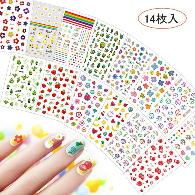 Popular Nail Art Sticker Set, 14 Pieces, Cute, 3D Stick-On Manicure for Women, Girls, Kids, Ultra Thin Children's Nail Stickers, Flowers, Rainbow, Strawberries, Stars, Moon, Emoji, For Work and Casual Nail Decoration, Women's Gift, Nail Accessories