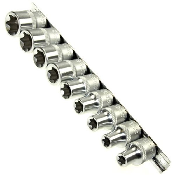 Alkan Steckschlüssel-Einsätze E10-E24, 1/2" Zoll-Antrieb für E-Profil aussen Torx Schrauben - E10 - E11- E12 - E14 - E16 - E18 - E20 - E22 und E24, 9-tlg. Chrom-Vanadium-Stahl