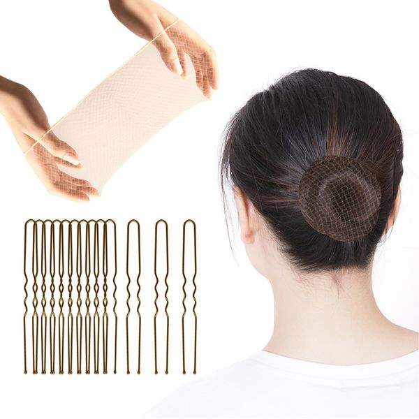 Hair Nets Invisible Elastic Edge Mesh and U Shaped Pins Set, 100PCS 20 Inch Individual Package Invisible Hair Nets, 50PCS U Shaped Pins for Ballet Bun, Sleeping, Women and Wig (Linen)