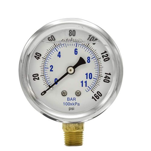PIC Gauges PRO-201L-254F 0-160 PSI Pressure Gauge, 2 1/2" Dial, 1/4" Male NPT Connection, Bottom Mount, Dual Scale, Glycerin Filled, Stainless Steel Case/Bezel, Brass Internals & Plastic Lens