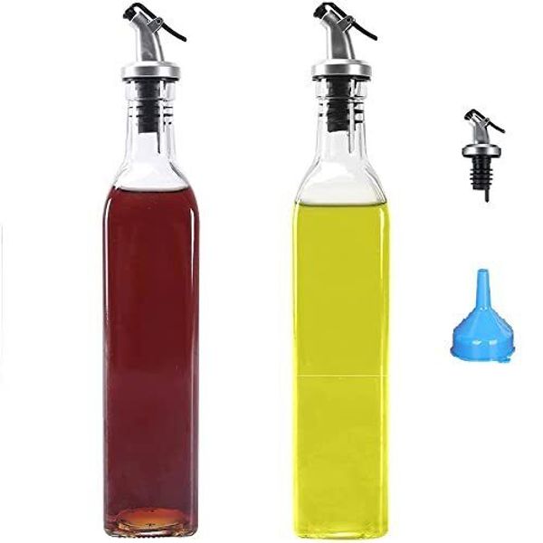 2 Pack 17oz Clear Square Tall Glass Olive Oil Dispenser Bottles for Kitchen