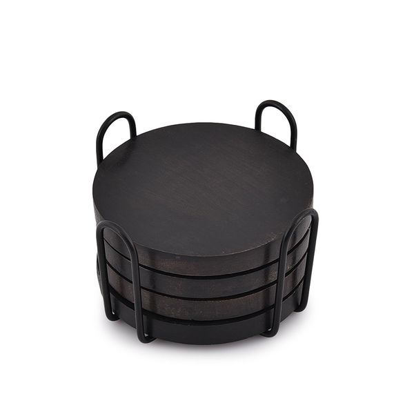 EDHAS Acacia Wood Black Coaster Set of 4 With Iron Holder Coffee Table Décor Tabletop Protection Décor (Coaster Size - 10.16cm x 10.16cm x 1.27cm, Holder Sze - 11.43cm x 11.43cm x 6.99cm)